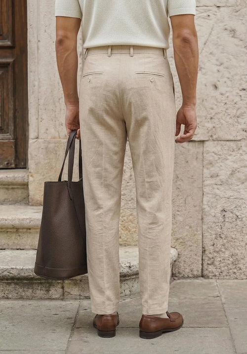 Beige Anzughose aus Leinen mit doppelter Bundfalte für Herren